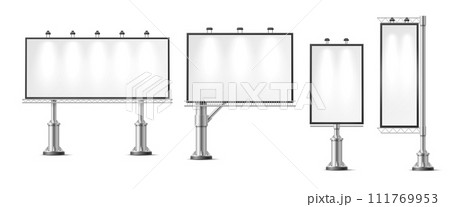Outdoor billboard, street media panels isolated 3d vector mockups, showcasing advertising or design concepts on large-scale illuminated displays for realistic presentation and evaluation purposes 111769953