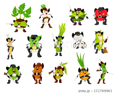Cartoon wild west western cowboy, ranger, sheriff and robbers vegetable characters. Vector kohlrabi, daikon, soy and asparagus. Bell pepper, artichoke, olive and green pea with potato, onion and corn 111769961