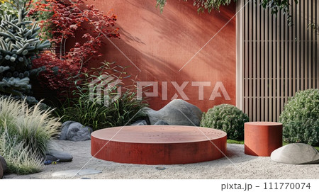 Concrete podium with red wall and flowers in the background Concrete podium with red wall and flowers in the background 111770074