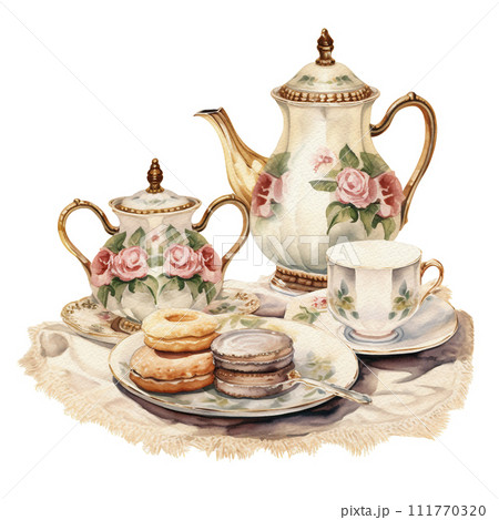 Teacup and tea pot with pink flowers - rose and cherry blossom. Watercolor illustration isolated on white background 111770320