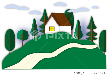 Beautiful shape banner in style paper cut for house in village on green meadow 111770371