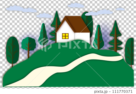 Beautiful shape banner in style paper cut for house in village on green meadow 111770371