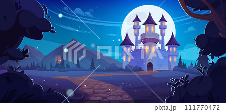 Road leading to fairytale medieval castle at night Road leading to fairytale medieval castle at night 111770472