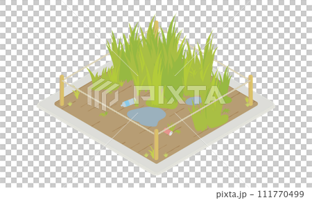Illustration of an abandoned vacant lot with weeds growing Illustration of an abandoned vacant lot with weeds growing 111770499