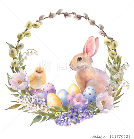 Watercolor little peach rabbit is sitting in the flowers wreath. Easter bunny and yellow chick, decorative eggs yellow, blue, violet. Template for designs , card, wallpaper. 111770525