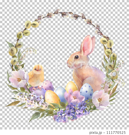Watercolor little peach rabbit is sitting in the flowers wreath. Easter bunny and yellow chick, decorative eggs yellow, blue, violet. Template for designs , card, wallpaper. 111770525