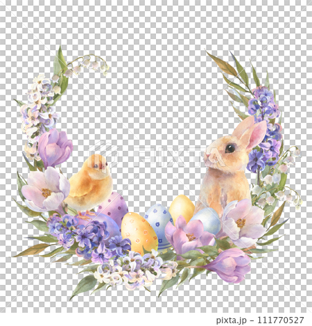 Watercolor little peach rabbit is sitting in the flowers wreath. Easter bunny and yellow chick, decorative eggs yellow, blue, violet. Template for designs , card, wallpaper. 111770527