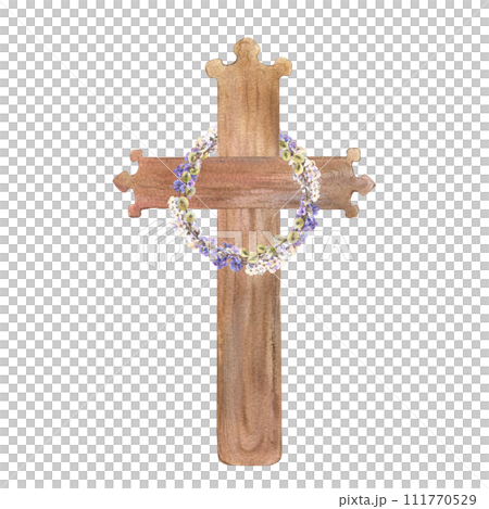 Watercolor cross with flower wreath bouquets. Easter catholic religious symbol. Orthodox cross for church and holidays. Latin symbol of the saint. Watercolor cross with flower wreath bouquets. Easter catholic religious symbol. Orthodox cross for church and holidays. Latin symbol of the saint. 111770529
