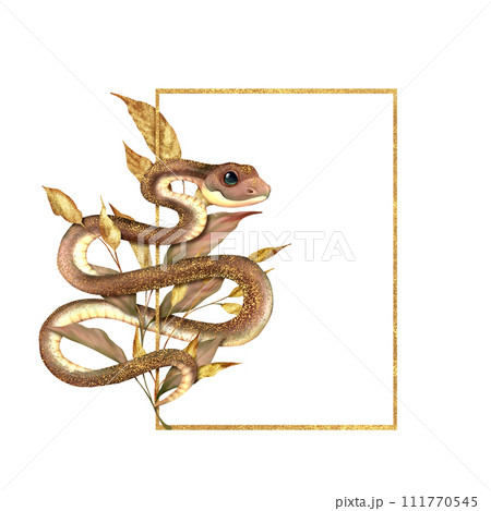 Gold rectangular frame with Twisted Snake and leaves. Hand drawn serpent floral illustration Gold rectangular frame with Twisted Snake and leaves. Hand drawn serpent floral illustration 111770545