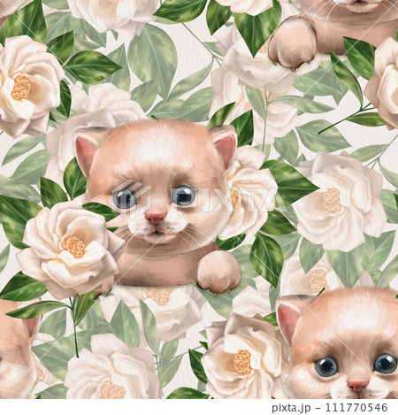 Seamless pattern with cute cats and white flowers. Floral background with kittens. 111770546