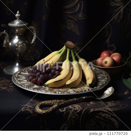 Juicy delicious banana lies on a beautiful plate, Ai generated 111770720