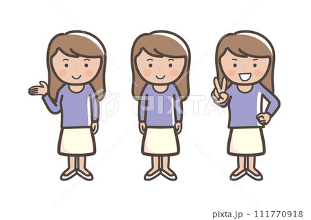 若い女性のポーズセット_ピース_正面_説明 111770918