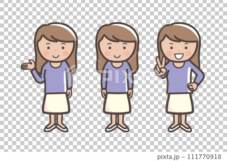 若い女性のポーズセット_ピース_正面_説明 111770918