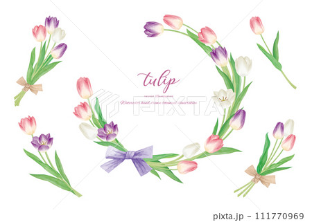 水彩手書きのチューリップの花を装飾したフレーム 111770969