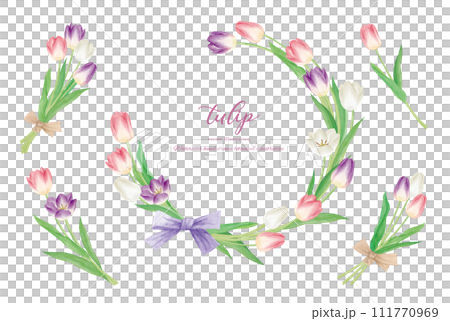 水彩手書きのチューリップの花を装飾したフレーム 111770969