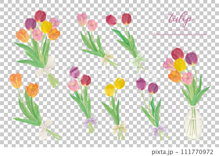 Watercolor hand drawn cartoon bouquet of colorful tulips 111770972