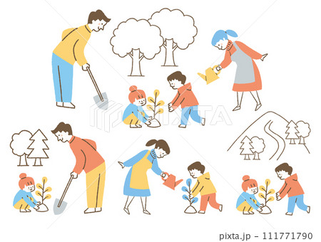 木の苗を植えようとしている4人家族_色 111771790