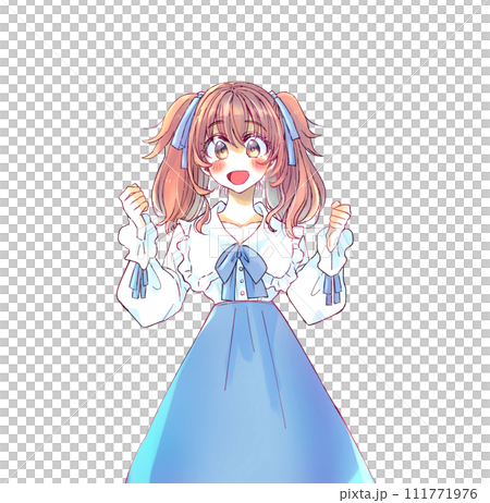 Woman in Lolita clothes speaking passionately, blue 111771976