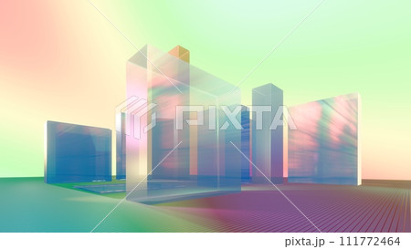 Ethereal Reflections: Iridescent Cubes in a Landscape of Hues and Tones, 3D rendering 111772464