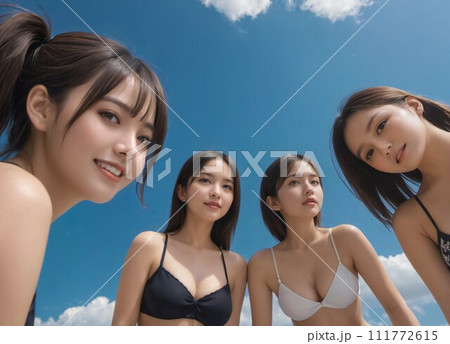 【人物】夏を満喫する水着女性グループ　イラスト素材　（AI生成画像） 111772615