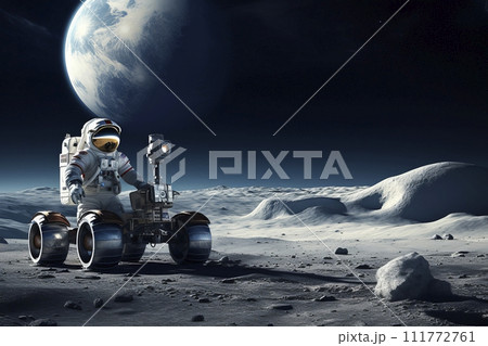 AI-generated content. An astronaut on a lunar rover on the surface of the moon. Generative AI 111772761