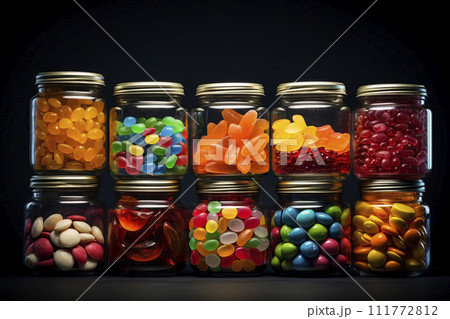 Jars with a variety of candies. Generative AI 111772812