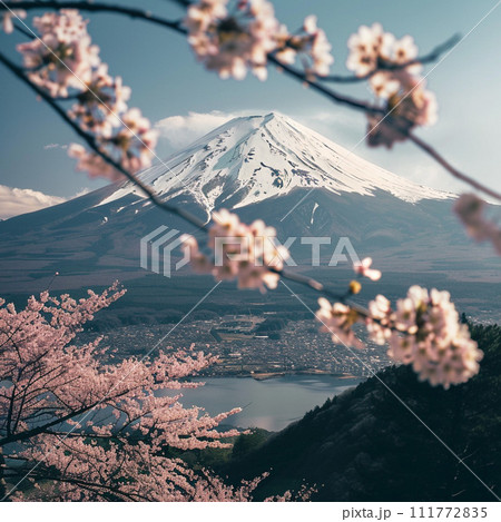 富士山と桜 111772835