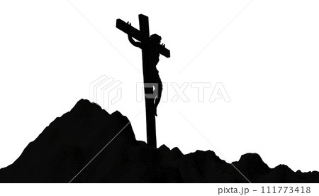 Jesus Christ crucified on the cross at Calvary hill silhouette illustration 111773418