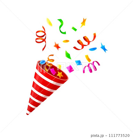 Party popper cone or birthday pop cracker and holiday firecracker with confetti explosion, cartoon vector. Carnival or festival celebration red striped popper cone with ribbons and stars confetti Party popper cone or birthday pop cracker and holiday firecracker with confetti explosion, cartoon vector. Carnival or festival celebration red striped popper cone with ribbons and stars confetti 111773520