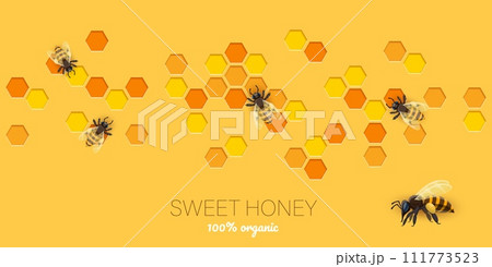 Honeycomb paper cut banner with bees and honey, vector background. Beekeeping honey product package or farm food label for 100 percent organic natural honey and realistic bees on honeycomb 111773523