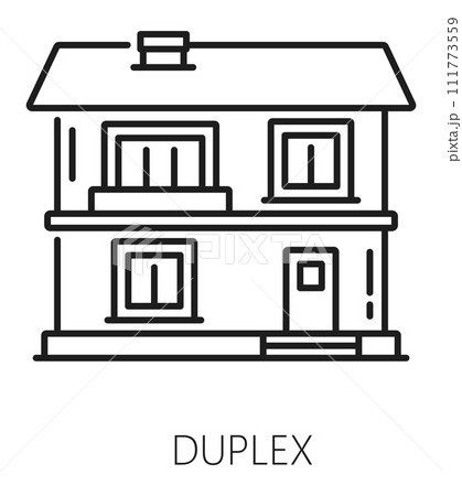 Real estate icon. Duplex house line pictogram. Suburb real estate rent service or company outline vector icon or symbol, home sale monochrome thin line sign with two-storey cottage house Real estate icon. Duplex house line pictogram. Suburb real estate rent service or company outline vector icon or symbol, home sale monochrome thin line sign with two-storey cottage house 111773559