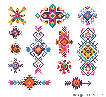 Mexican folk tribal motif patterns and ethnic color ornaments with vector geometric elements. Native american, aztec, navajo and mayan indians patterns, boho motifs, flower, stripe, triangle ornaments 111773563