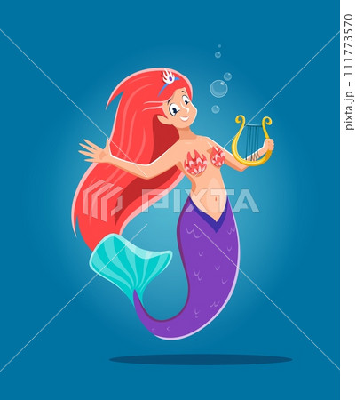 Cartoon cute mermaid character with lyre. Pretty girl vector personage of fairy underwater princess with fish tail, long pink hair, seashell bra and diadem crown playing lira music instrument 111773570