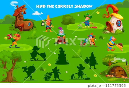 Find the correct shadow of cartoon garden gnome and dwarf characters in fairytale village. Kids vector matching game worksheet, children logic activity, educational riddle for logical mind development 111773596