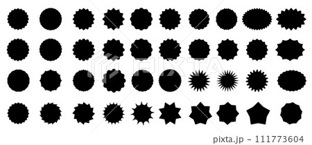 Starburst sale price seals, stickers, labels. Stamp and tag, callout and splash, star and rosette, oval and sunburst badges. Isolated vector black sun burst symbols, comic boom and bang flashes 111773604
