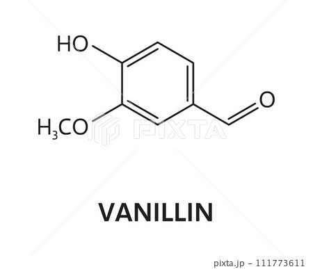 Vanillin molecule formula of chocolate chemical and molecular structure, vector icon. Vanillin molecular bond structure and atom connection of chocolate flavoring ingredient in food chemistry 111773611