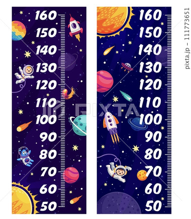 Kids height chart rulers with galaxy space planets, stars, spaceships and astronauts. Vector growth chart, measuring ruler scale with cartoon galaxy universe spaceman characters and space landscape Kids height chart rulers with galaxy space planets, stars, spaceships and astronauts. Vector growth chart, measuring ruler scale with cartoon galaxy universe spaceman characters and space landscape 111773651