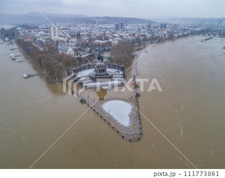 Flooding high water Koblenz Germany historic monument German Corner winter where rivers rhine and mosele flow together 111773861