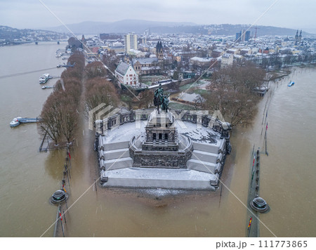 Flooding high water Koblenz Germany historic monument German Corner winter where rivers rhine and mosele flow together Flooding high water Koblenz Germany historic monument German Corner winter where rivers rhine and mosele flow together 111773865