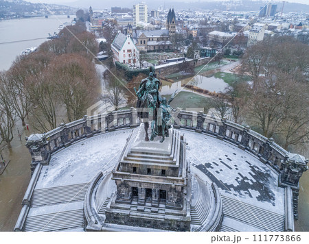 Flooding high water Koblenz Germany historic monument German Corner winter where rivers rhine and mosele flow together 111773866