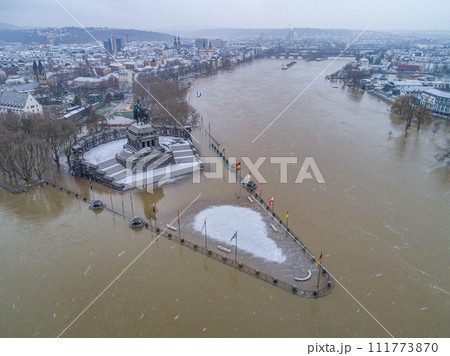 Flooding high water Koblenz Germany historic monument German Corner winter where rivers rhine and mosele flow together Flooding high water Koblenz Germany historic monument German Corner winter where rivers rhine and mosele flow together 111773870