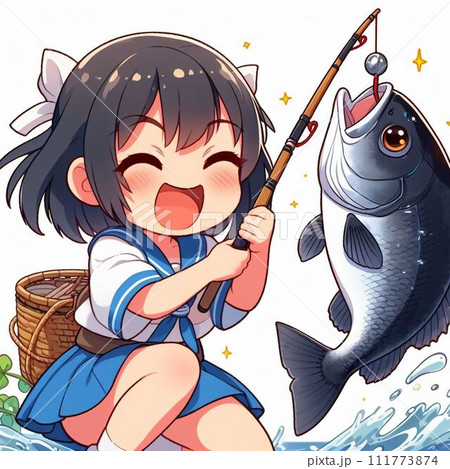 油彩画 女性の姿魚釣り 女の子が魚を釣って大喜びのイラスト素材 [111773874] - PIXTA