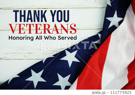 Thank You for Your Service  text message with USA flag on wooden background 111773925
