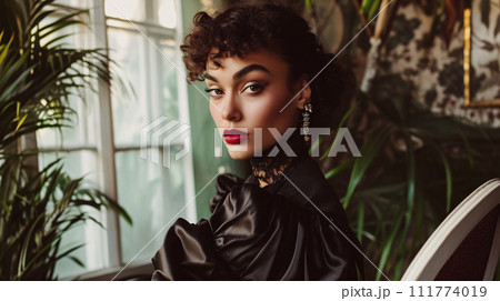 vintage-inspired fashion shoot, showcasing a multi cultural models adorned in retro attire 111774019