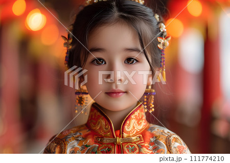 Chinese New Year people Concept, Chinese girl Wear the red national costume To celebrate Chinese New Year 111774210