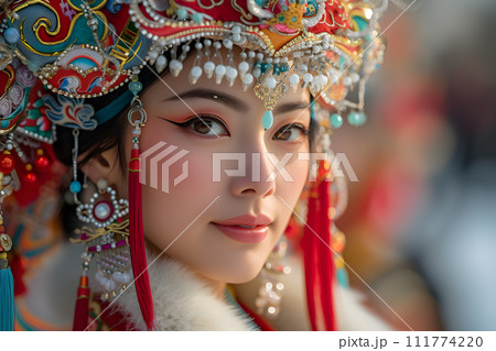 Chinese New Year People Concept, Young Chinese Women Wear the red national costume To celebrate Chinese New Year 111774220