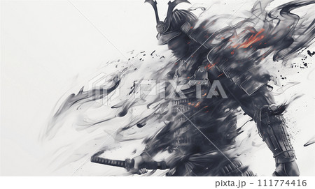 躍動感あふれる墨絵のサムライ（AI生成画像） 111774416