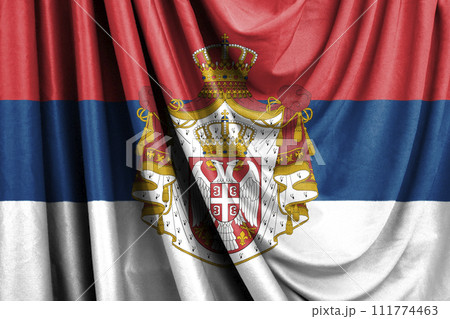 Serbian flag with coat of arms waving in the wind 3D illustration 111774463