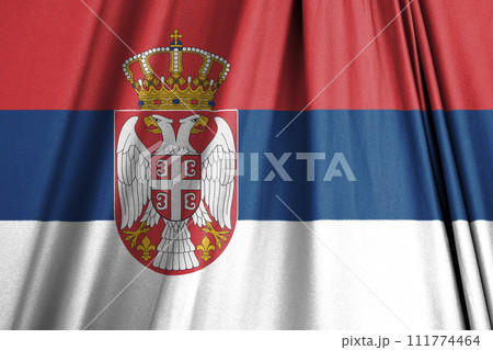 Serbian flag with coat of arms waving in the wind 3D illustration 111774464