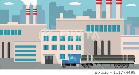 Industrial factory and long truck with metal pipes. Industrial factory and long truck with metal pipes. 111774499